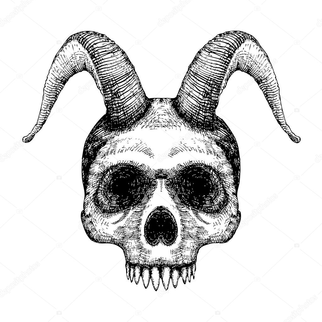 Human skull with goat horns