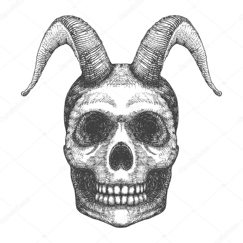 Human skull with goat horns
