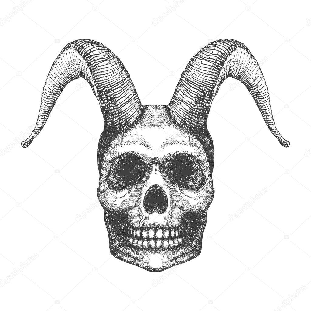 Human skull with goat horns sketch
