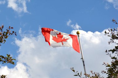 Flag of Canada flying against sky clipart