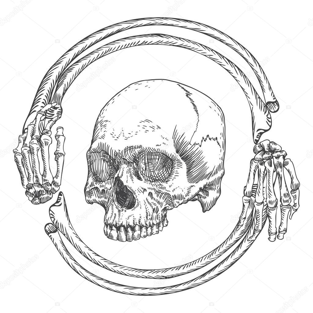 Skull in the frame made of hands bones