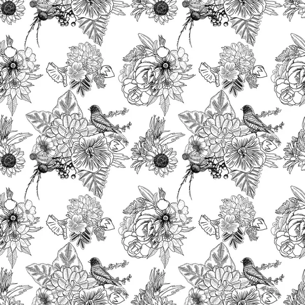 Pájaro y flores patrón sin costura —  Fotos de Stock