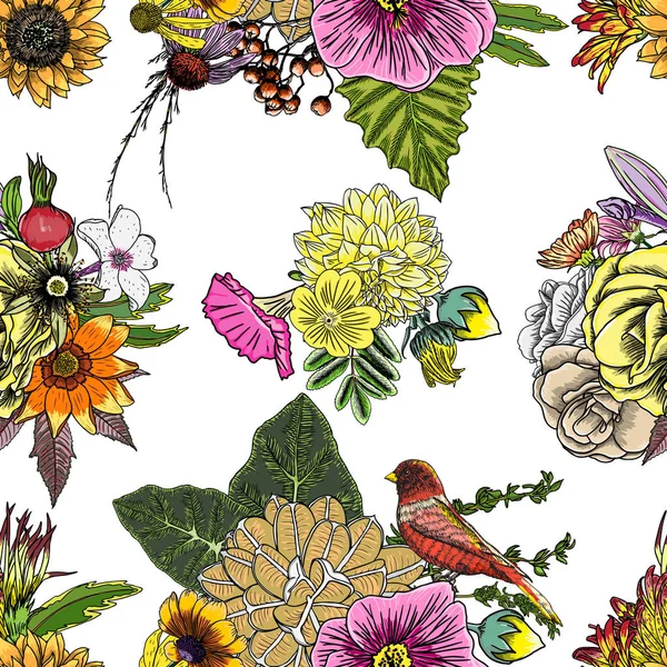 Vogel en bloemen naadloze patroon — Stockvector