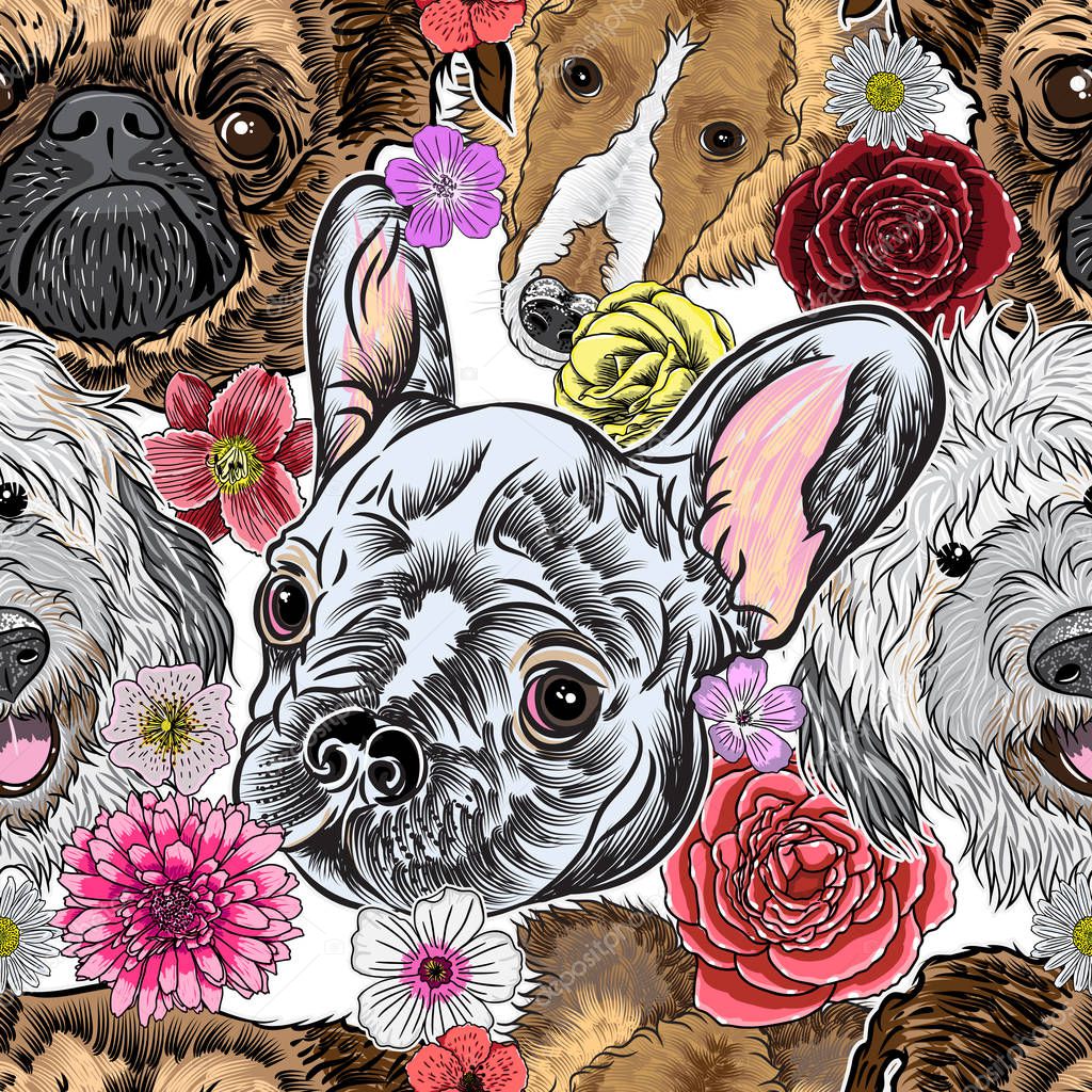 Seamless pattern with purebred dogs