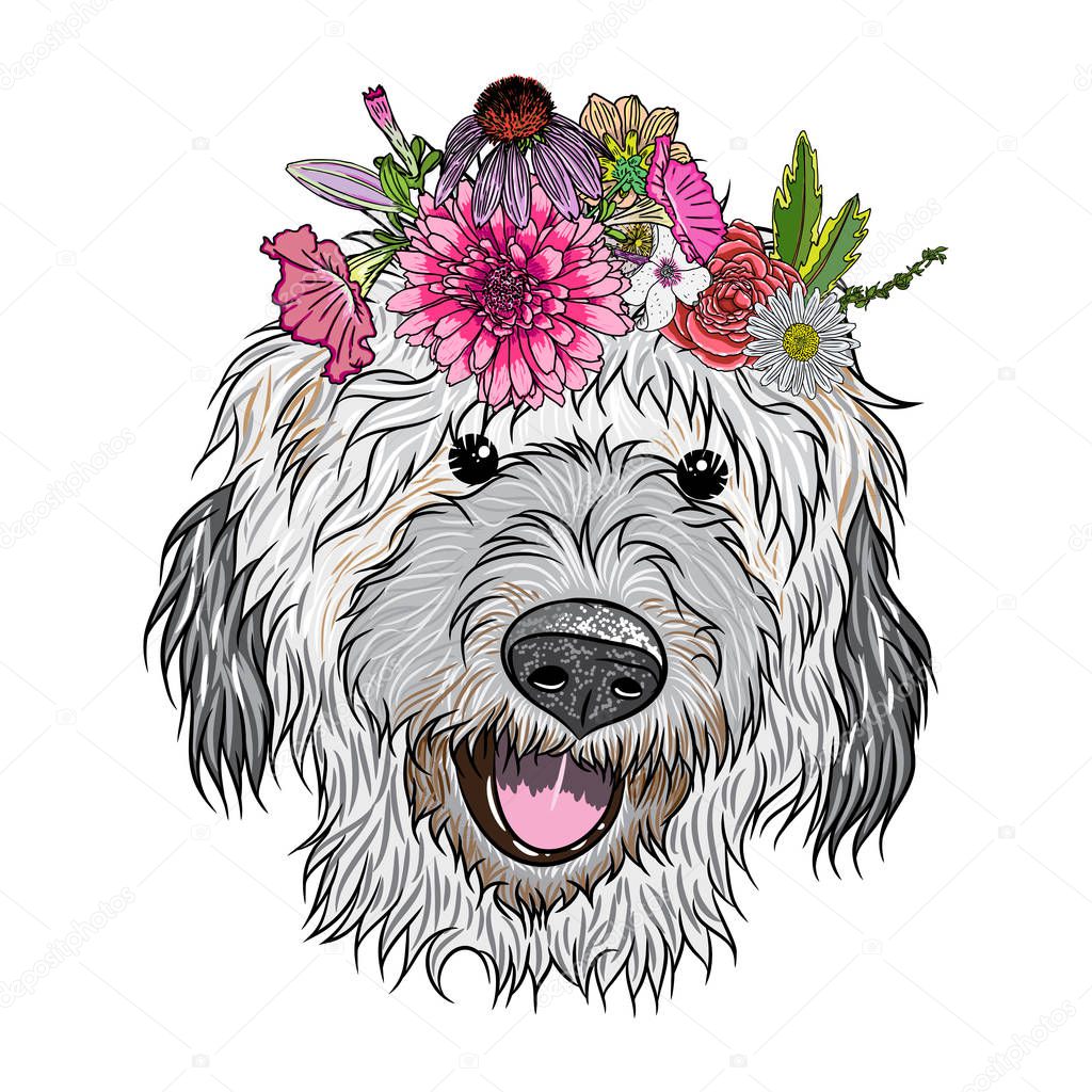 Cute Labradoodle puppy with flowers
