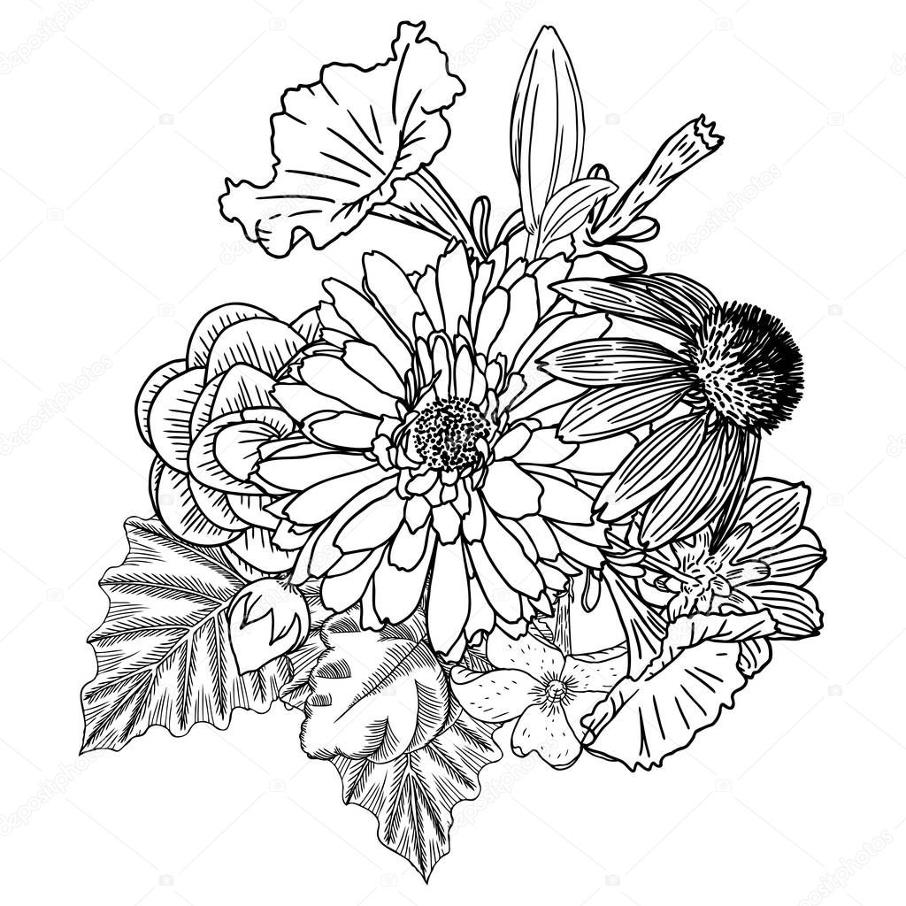 Bouquet of different hand drawn flower