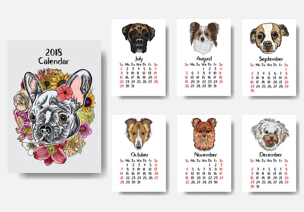 Funny happy dog calendar 2018 design — Stock Vector