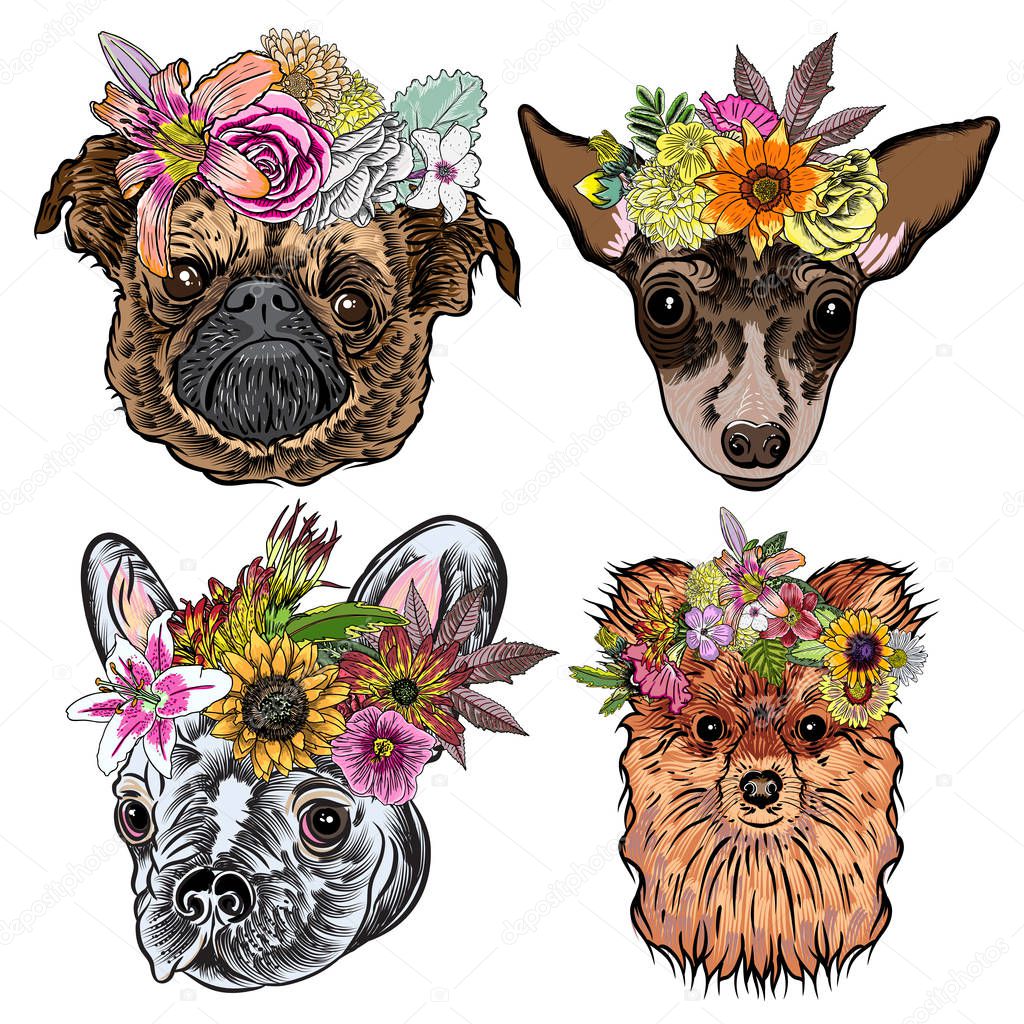 Cartoon dogs with exotic floral wreaths