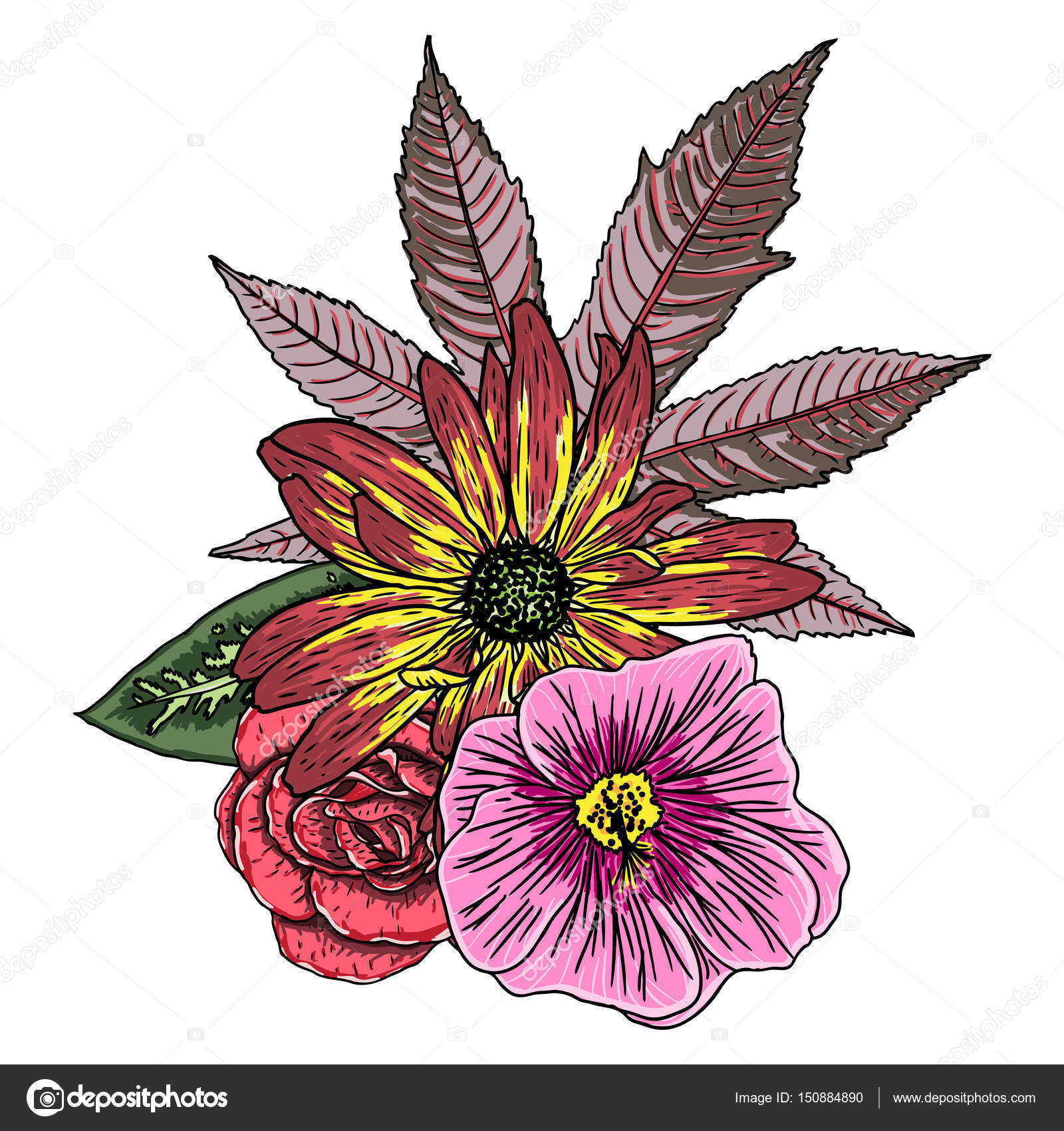 Giardino dell annata disegno primavera profumo con vari fiori e foglie in fiore isolato illustrazione botanica — Vettoriali di goldenshrimp