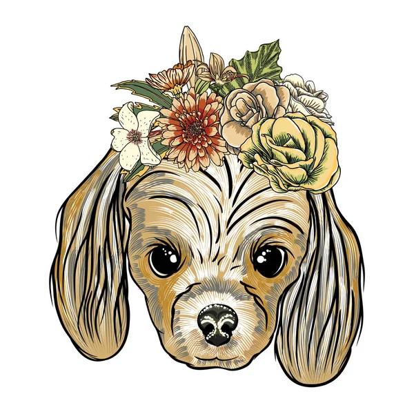 Cocker Spanie ลูกสุนัขในดอกไม้แปลกใหม่ — ภาพเวกเตอร์สต็อก