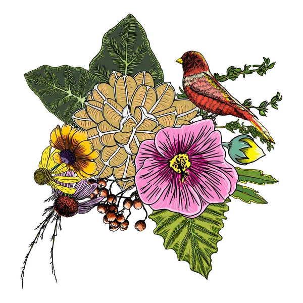 Ramo vintage de flores y aves — Archivo Imágenes Vectoriales