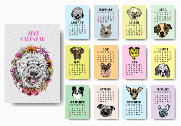 Funny happy dog calendar 2018 design — Stock Vector