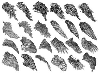 Set of hand drawn vintage wings clipart