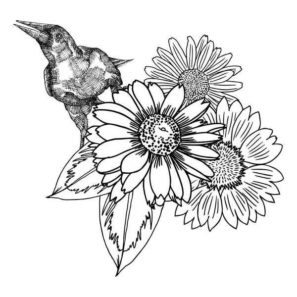 Ramo de flores e ilustración de aves — Vector de stock