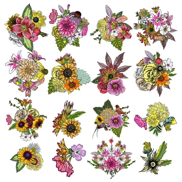 Conjunto de ilustrações vintage buquê floral — Vetor de Stock