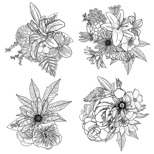 Conjunto de ilustrações vintage buquê floral —  Vetores de Stock