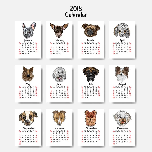 Смішні щасливі собаки календар 2018 дизайн — стоковий вектор