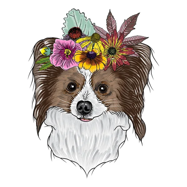 Papillon cachorro en las flores exóticas — Vector de stock