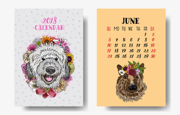 Calendario 2018 mensual con perros lindos — Archivo Imágenes Vectoriales