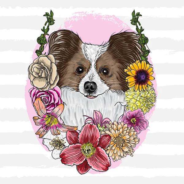Το σκυλί Papillon στο πλαίσιο floral — Διανυσματικό Αρχείο