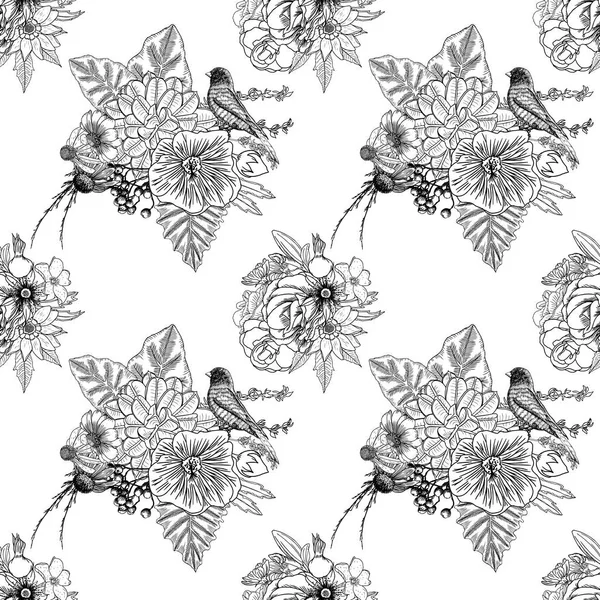 Aves y flores patrón sin costura — Vector de stock