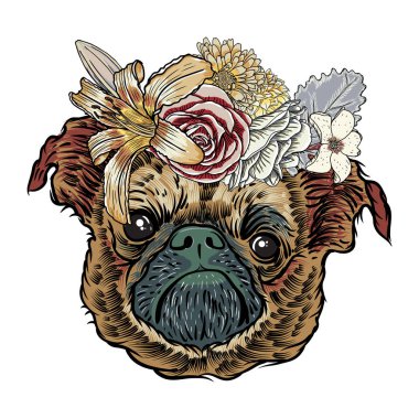 Bir çiçek taç giyen pug köpek yavrusu