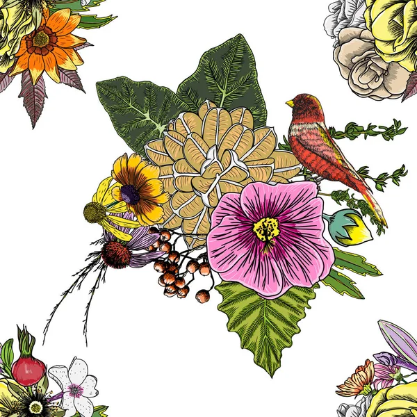 Motif fleurs et oiseaux sans couture — Image vectorielle