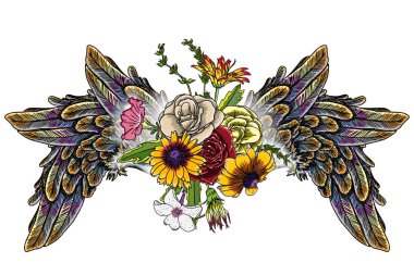 Süslü kanatları ve çiçek buketi moda