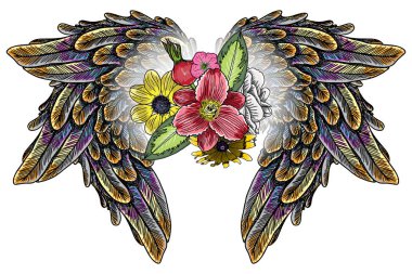Süslü kanatları ve çiçek buketi moda