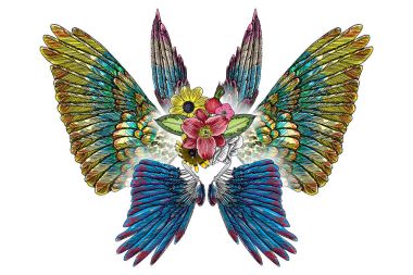 Süslü kanatları ve çiçek buketi moda