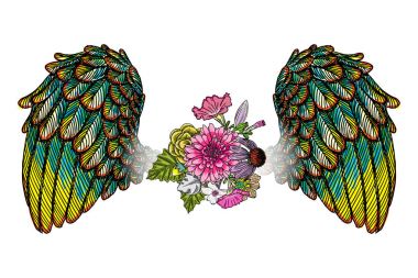 Süslü kanatları ve çiçek buketi moda