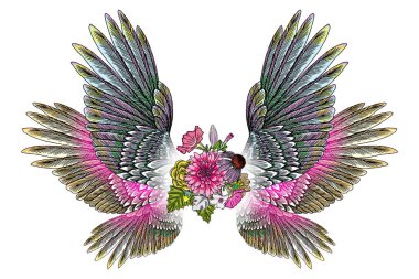 Süslü kanatları ve çiçek buketi moda