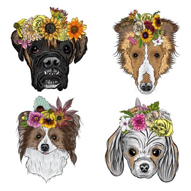 Egzotik çiçek çelenk köpeklerle karikatür