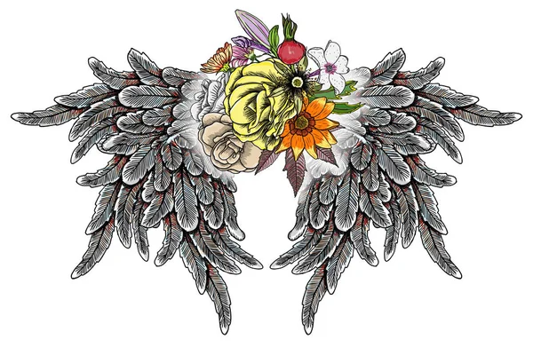 Kunstvoll gestaltete Flügel und Blumenstrauß — Stockvektor