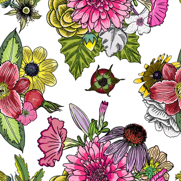 Patrón sin costura con flores en flor — Archivo Imágenes Vectoriales