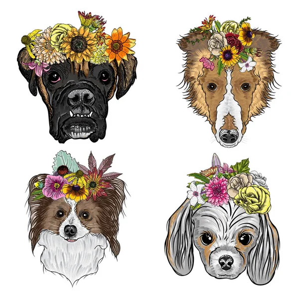 Perros de dibujos animados con coronas florales exóticas — Vector de stock