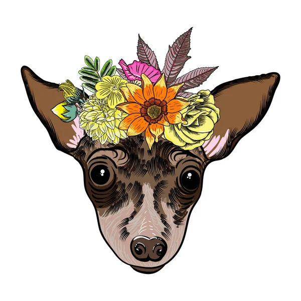 Toy Terrier valp i de exotiska blommorna — Stock vektor