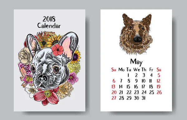 Календарь 2018 ежемесячно с симпатичными собаками — стоковый вектор