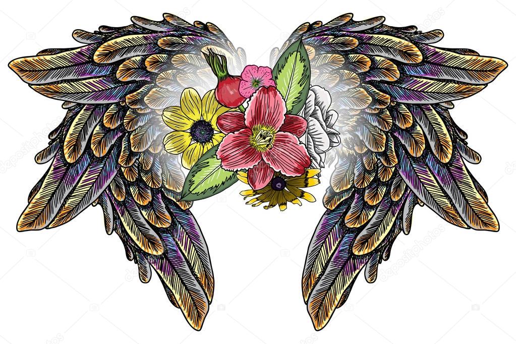 Ornate fashioned wings and flower bouquet