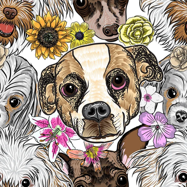 シームレスなパターン犬の肖像画 — ストックベクタ