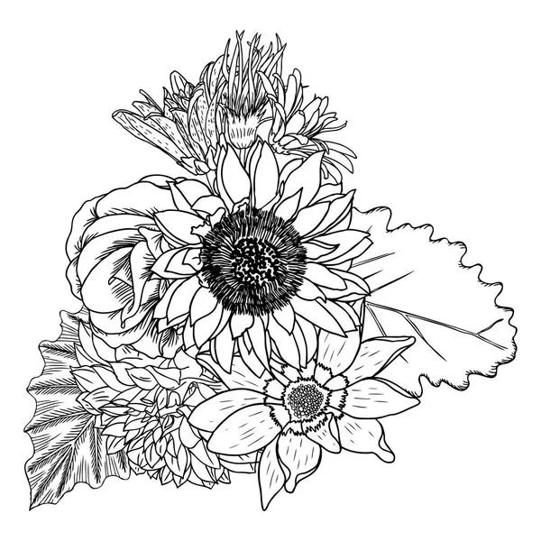 Bouquet di diversi fiori disegnati a mano — Vettoriale Stock