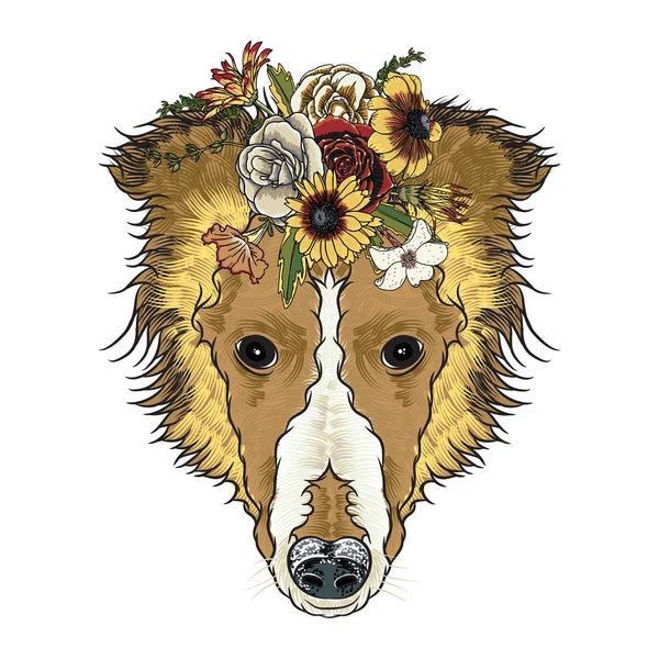 Collie chiot dans la couronne de fleurs exotiques — Image vectorielle