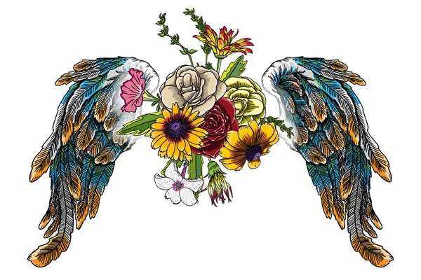 Flores con alas de ángel — Vector de stock