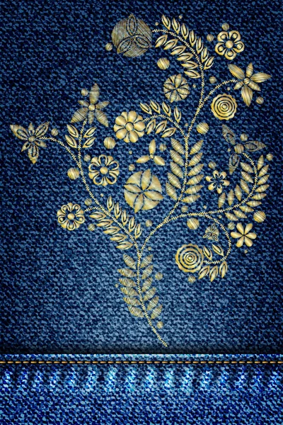 Spets blomma broderi på jeans — Stock vektor