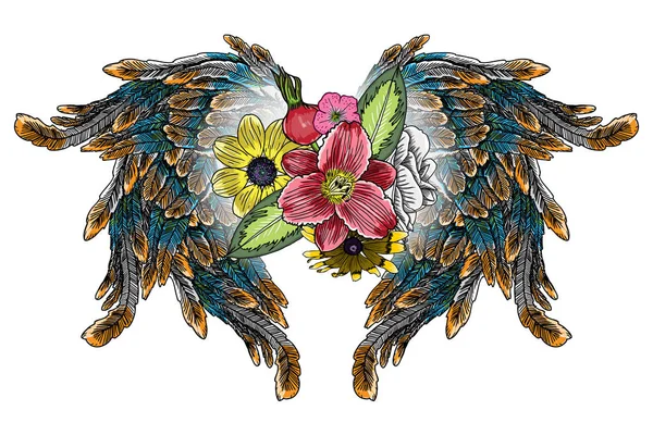 Rosa y flores con alas de ángel o pájaro . — Archivo Imágenes Vectoriales