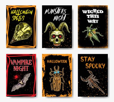 Cadılar Bayramı elle çizilmiş davet el ilanları veya kartpostal seti. 