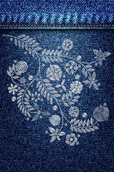 Denim Textur mit floraler Stickerei — Stockvektor