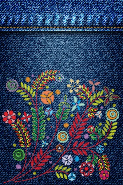 Textura denim com bordado floral — Vetor de Stock