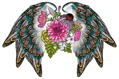 Süslü moda kanatları ve zarif vintage çiçek buketi, izole Victoria motifi tarzı sanat.