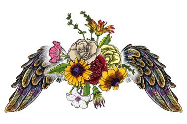 Lily, gül ve chamomiles çiçekler ve kuşlar kanatlı güzel illüstrasyon